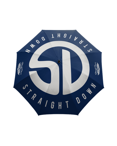 Straight Down Logo Umbrella in Indigo, top-down view showing navy and white canopy with large Straight Down SD logo at center and Straight Down text circling the outer edge