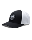 Circle Hat in Black White, side view featuring a black structured trucker cap with a circular embroidered patch featuring the SD monogram logo encircled by "Straight Down Est. 1987 San Luis Obispo, CA" text on the front panel, with white mesh back panels