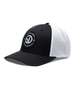Circle Hat in Black White, side view featuring a black structured trucker cap with a circular embroidered patch featuring the SD monogram logo encircled by "Straight Down Est. 1987 San Luis Obispo, CA" text on the front panel, with white mesh back panels