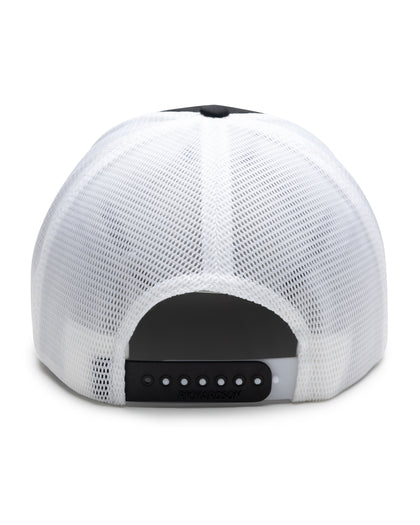 Circle Hat in Black White, back view featuring a white mesh trucker cap back with a black snapback adjustable closure