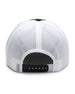 Circle Hat in Black White, back view featuring a white mesh trucker cap back with a black snapback adjustable closure