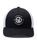 Circle Hat in Black White, front view featuring a black structured trucker cap with a circular embroidered patch featuring the SD monogram logo encircled by "Straight Down Est. 1987 San Luis Obispo, CA" text on the front panel, with white mesh back panels