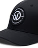 Circle Hat in Black White, close-up front detail view featuring a circular embroidered patch with the oversized SD monogram logo in white on a black ground, encircled by "Straight Down Est. 1987 San Luis Obispo, CA" text on the black front panel