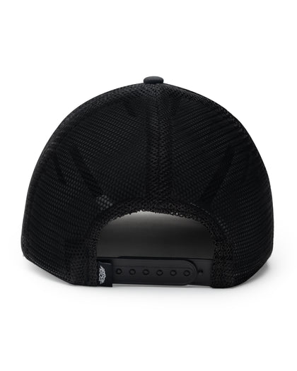 Night Landscape Hat in Black, rear view featuring a black mesh trucker cap with a black snapback closure and small Straight Down logo tab on the left side