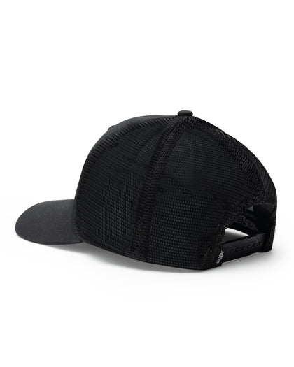 Night Landscape Hat in Black, rear angled view featuring a black mesh trucker cap with a black snapback closure and small Straight Down logo tab on the left side