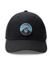 Night Landscape Hat in Black, front view featuring a black structured trucker cap with mesh back panels and a circular Straight Down logo patch with mountain and blue stripe design centered on the front panel