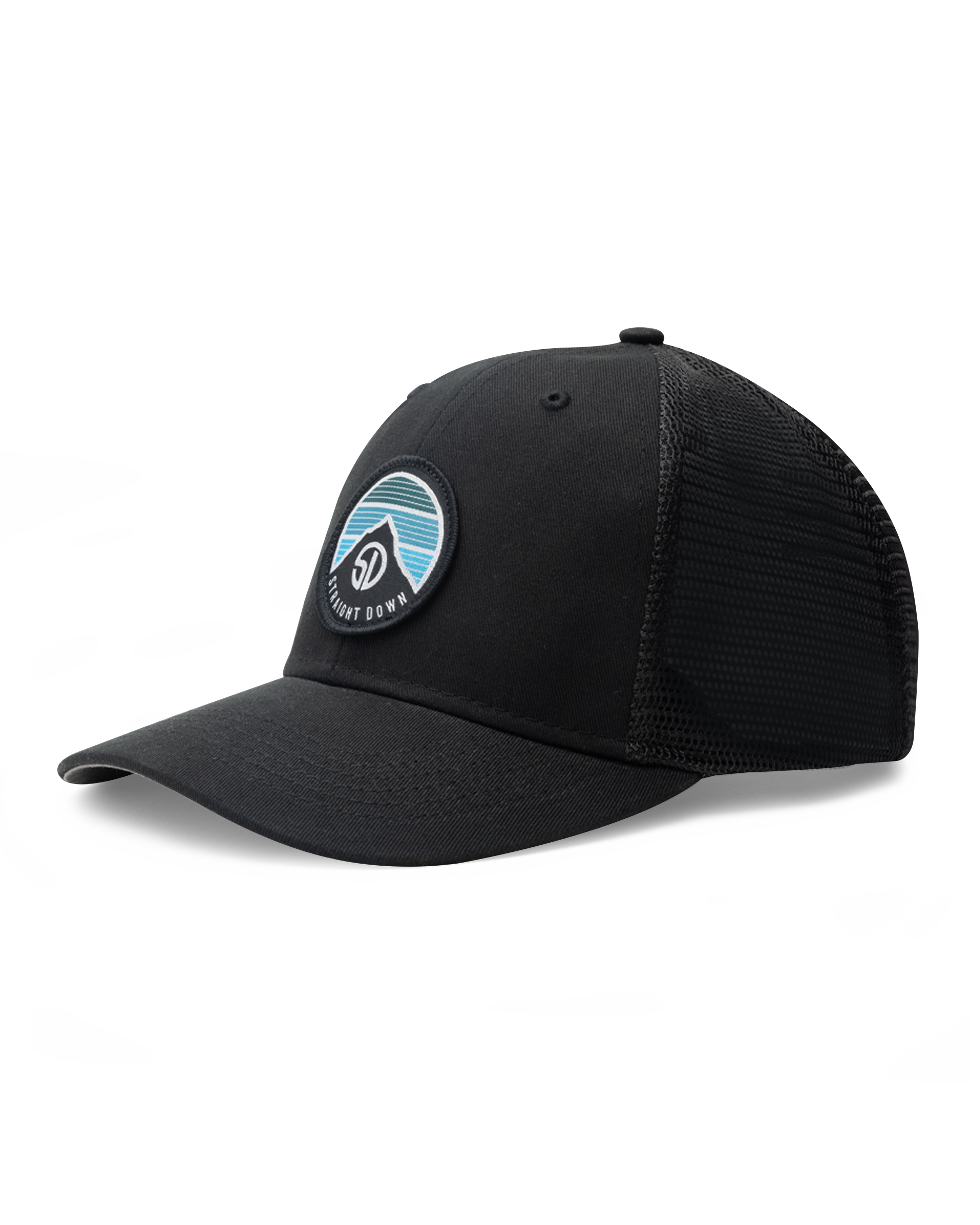 Night Landscape Hat in Black, angled side view featuring a black structured trucker cap with mesh back panels and a circular Straight Down logo patch with mountain and blue stripe design on the front panel