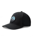 Night Landscape Hat in Black, angled side view featuring a black structured trucker cap with mesh back panels and a circular Straight Down logo patch with mountain and blue stripe design on the front panel