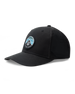 Night Landscape Hat in Black, angled side view featuring a black structured trucker cap with mesh back panels and a circular Straight Down logo patch with mountain and blue stripe design on the front panel