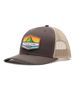 El Toro Hat in Brown, side view featuring a brown structured trucker cap with a woven mountain sunset landscape patch and Straight Down logo on the front panel, with tan mesh back panels and tan contrast stitching on the brim