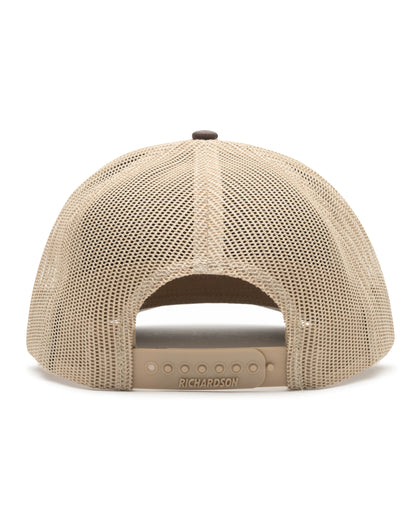 El Toro Hat in Brown, back view featuring a tan mesh trucker cap back with a snapback adjustable closure