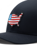 Close-up of the United Hat's embroidered USA flag map patch with the Straight Down logo on the navy front panel.