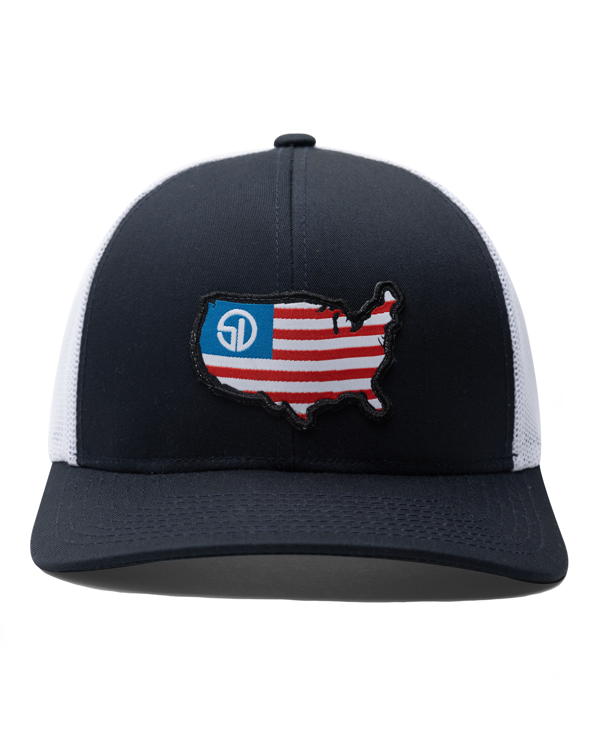 Front view of the United Hat in Navy/White with an embroidered USA flag map patch and Straight Down logo on the navy crown.