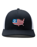 Front view of the United Hat in Navy/White with an embroidered USA flag map patch and Straight Down logo on the navy crown.