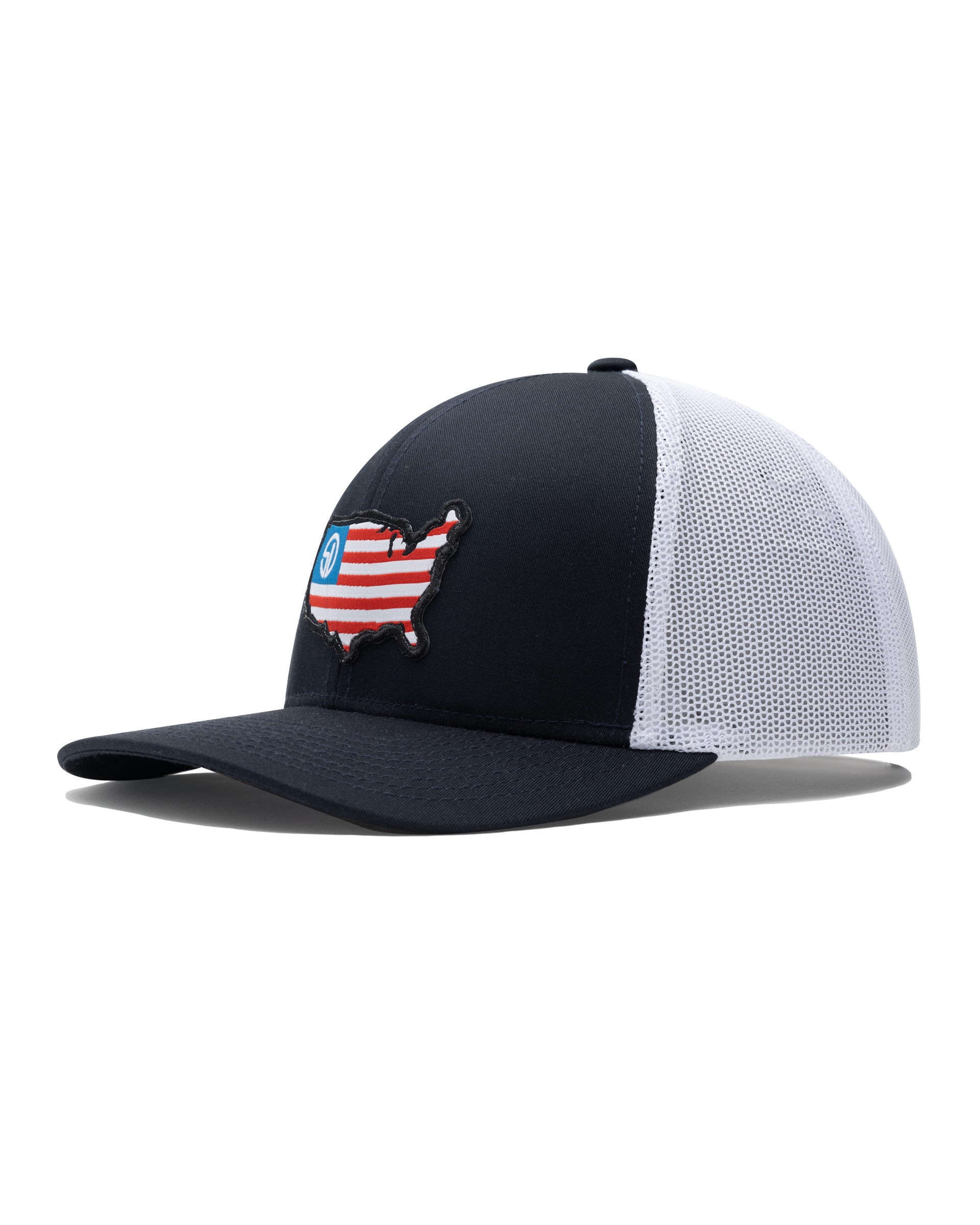 United Hat in Navy/White featuring a navy front, white mesh back, and embroidered USA flag map patch with Straight Down logo.