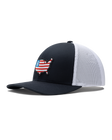 United Hat in Navy/White featuring a navy front, white mesh back, and embroidered USA flag map patch with Straight Down logo.