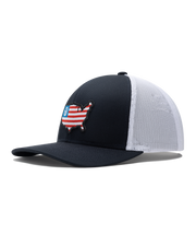 United Hat in Navy/White featuring a navy front, white mesh back, and embroidered USA flag map patch with Straight Down logo.