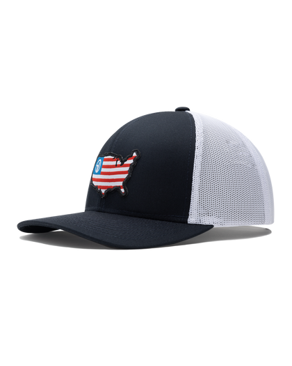 United Hat in Navy/White featuring a navy front, white mesh back, and embroidered USA flag map patch with Straight Down logo.