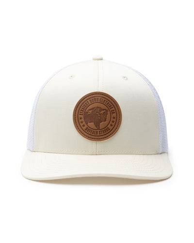 Straight Down SD Buffalo Strong Hat in Birch, front view showing cream structured front panel with white mesh sides and brown leather Straight Down Clothing Co. Buffalo Strong circular patch