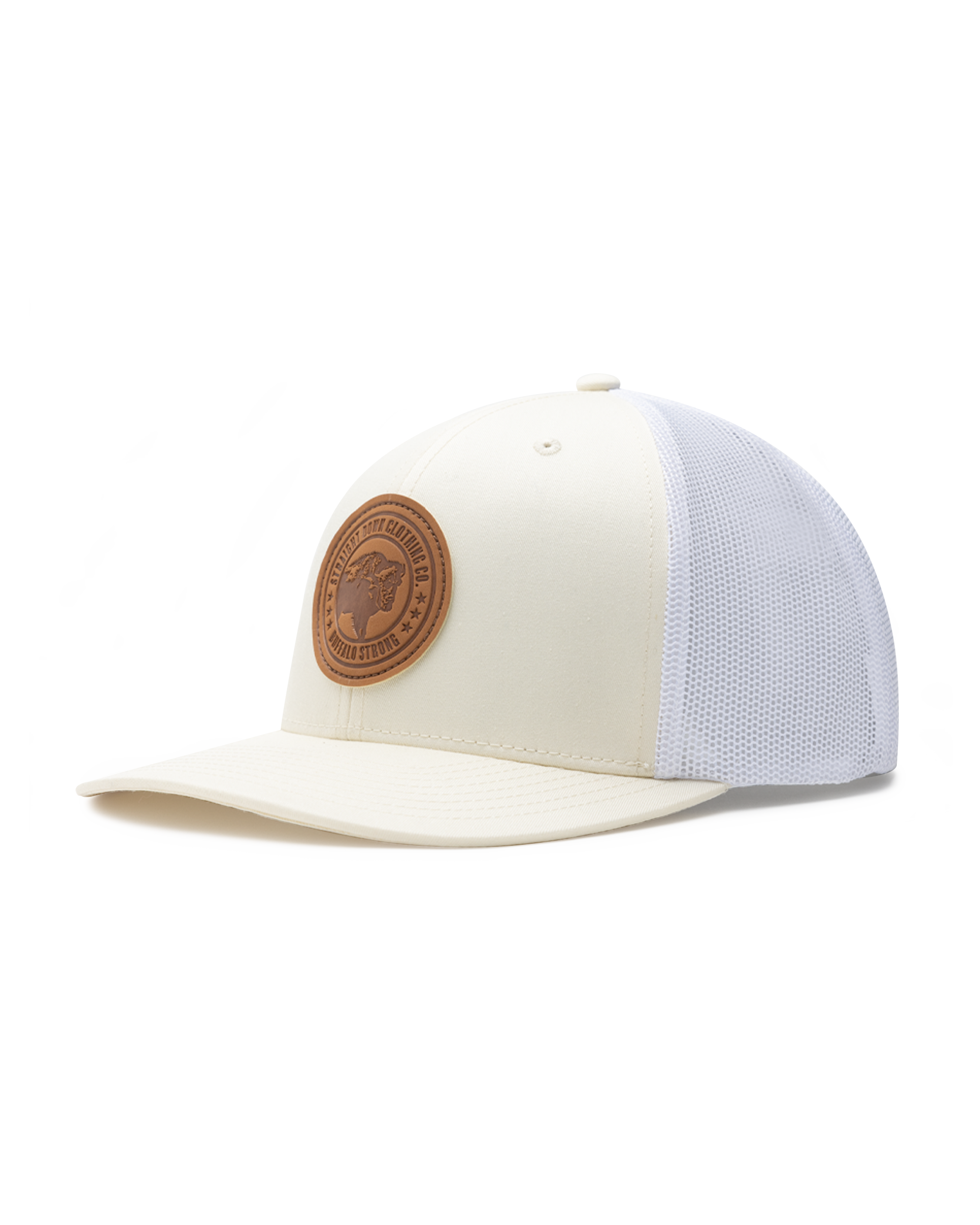 Straight Down SD Buffalo Strong Hat in Birch, angled view showing cream structured front panel with white mesh back and brown leather buffalo circular patch