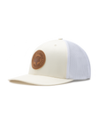 Straight Down SD Buffalo Strong Hat in Birch, angled view showing cream structured front panel with white mesh back and brown leather buffalo circular patch