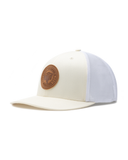 Straight Down SD Buffalo Strong Hat in Birch, angled view showing cream structured front panel with white mesh back and brown leather buffalo circular patch