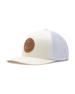 Straight Down SD Buffalo Strong Hat in Birch, angled view showing cream structured front panel with white mesh back and brown leather buffalo circular patch