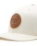 Straight Down SD Buffalo Strong Hat in Birch, close-up view showing brown leather Buffalo Strong circular patch detail on cream front panel