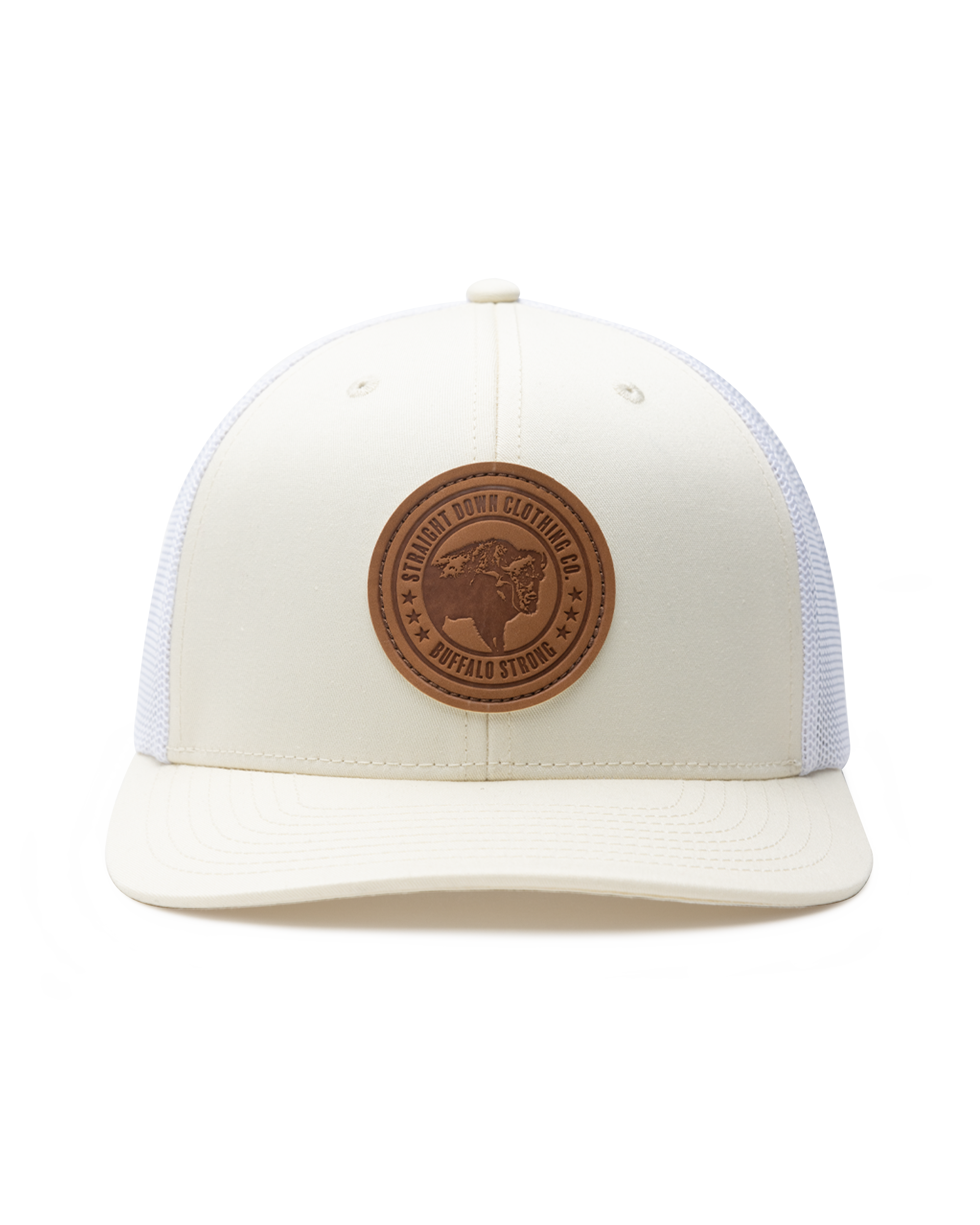 Straight Down SD Buffalo Strong Hat in Birch, front view showing cream structured front panel with white mesh sides and brown leather Straight Down Clothing Co. Buffalo Strong circular patch