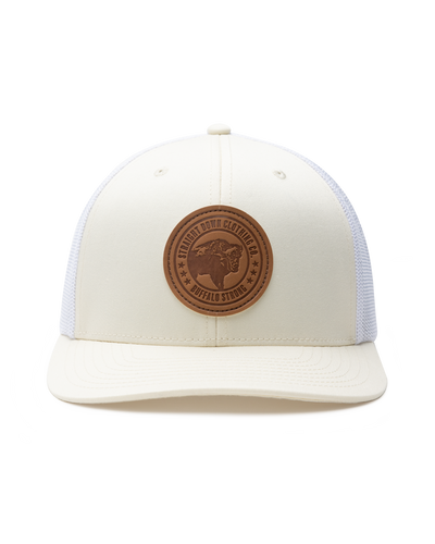 Straight Down SD Buffalo Strong Hat in Birch, front view showing cream structured front panel with white mesh sides and brown leather Straight Down Clothing Co. Buffalo Strong circular patch