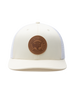 Straight Down SD Buffalo Strong Hat in Birch, front view showing cream structured front panel with white mesh sides and brown leather Straight Down Clothing Co. Buffalo Strong circular patch
