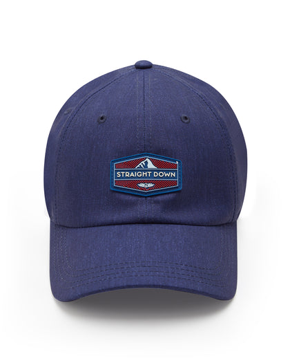 Straight Down SD Mountain Hat in Navy, front view showing navy structured body with red, white, and blue Straight Down mountain patch on front panel