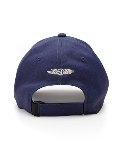 Straight Down SD Mountain Hat in Navy, back view showing navy body with embroidered Straight Down logo and adjustable strap closure