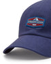 Straight Down SD Mountain Hat in Navy, close-up view showing red, white, and blue Straight Down mountain patch detail on navy front panel