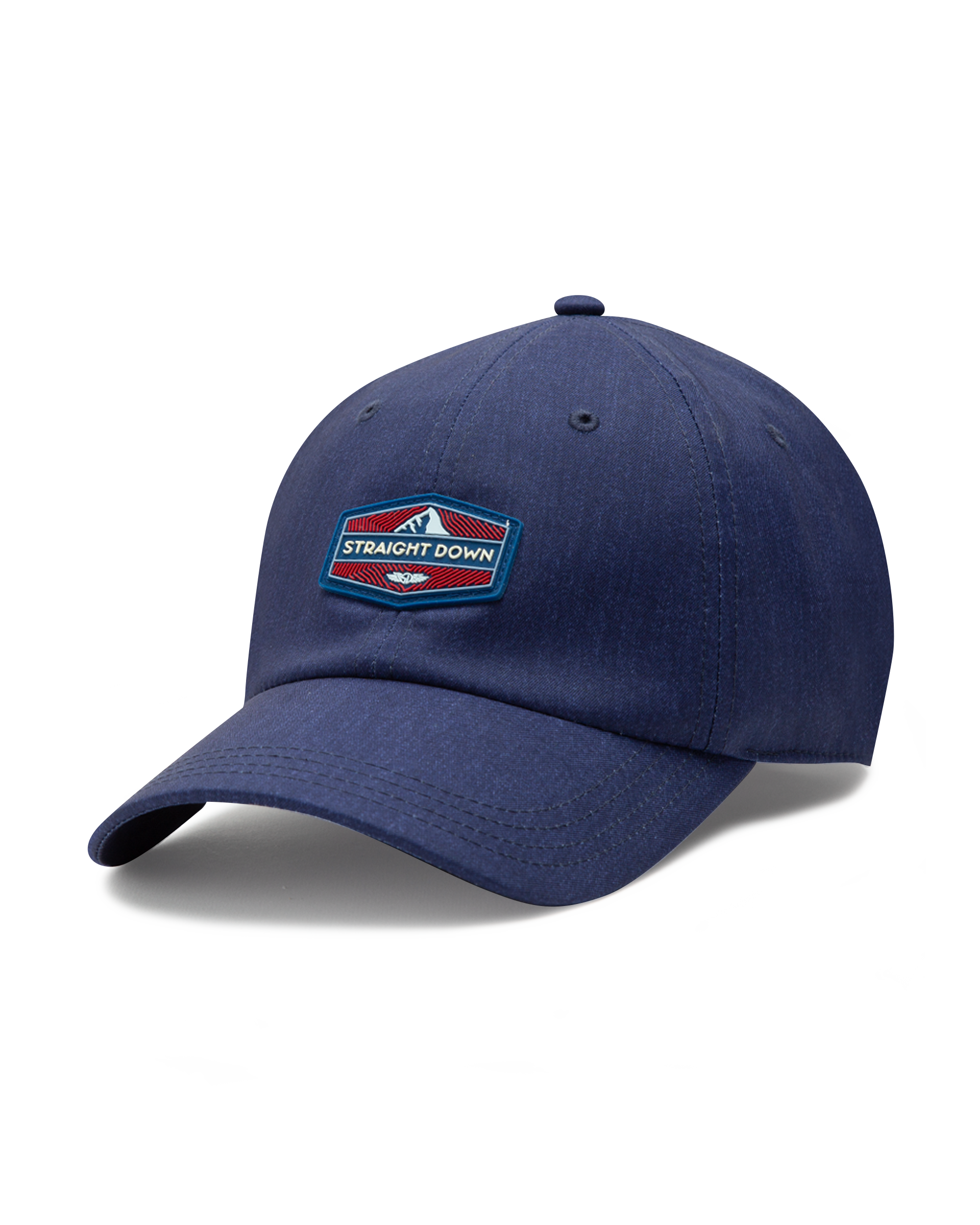 Straight Down SD Mountain Hat in Navy, angled view showing navy structured body with red, white, and blue Straight Down mountain patch on front panel
