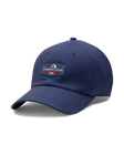 Straight Down SD Mountain Hat in Navy, angled view showing navy structured body with red, white, and blue Straight Down mountain patch on front panel