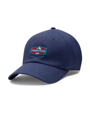 Straight Down SD Mountain Hat in Navy, angled view showing navy structured body with red, white, and blue Straight Down mountain patch on front panel