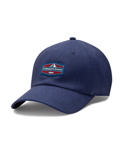 Straight Down SD Mountain Hat in Navy, angled view showing navy structured body with red, white, and blue Straight Down mountain patch on front panel