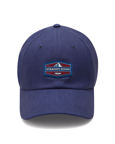 Straight Down SD Mountain Hat in Navy, front view showing navy structured body with red, white, and blue Straight Down mountain patch on front panel