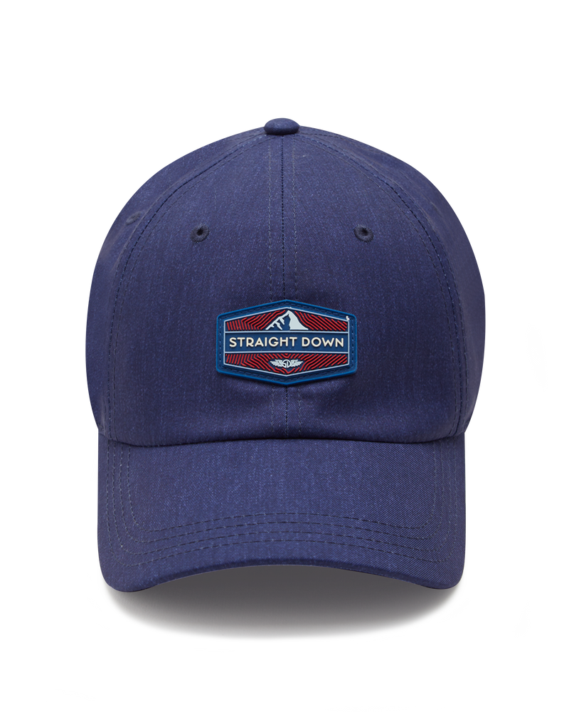 Straight Down SD Mountain Hat in Navy, front view showing navy structured body with red, white, and blue Straight Down mountain patch on front panel