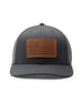 Straight Down SD Flag Hat in Charcoal, front view showing charcoal structured front panel with grey mesh sides and brown leather American flag patch with Straight Down logo
