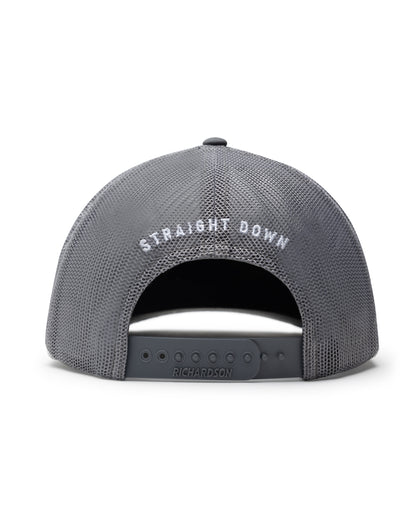 Straight Down SD Flag Hat in Charcoal, back view showing grey mesh panel with embroidered Straight Down text and adjustable snapback closure