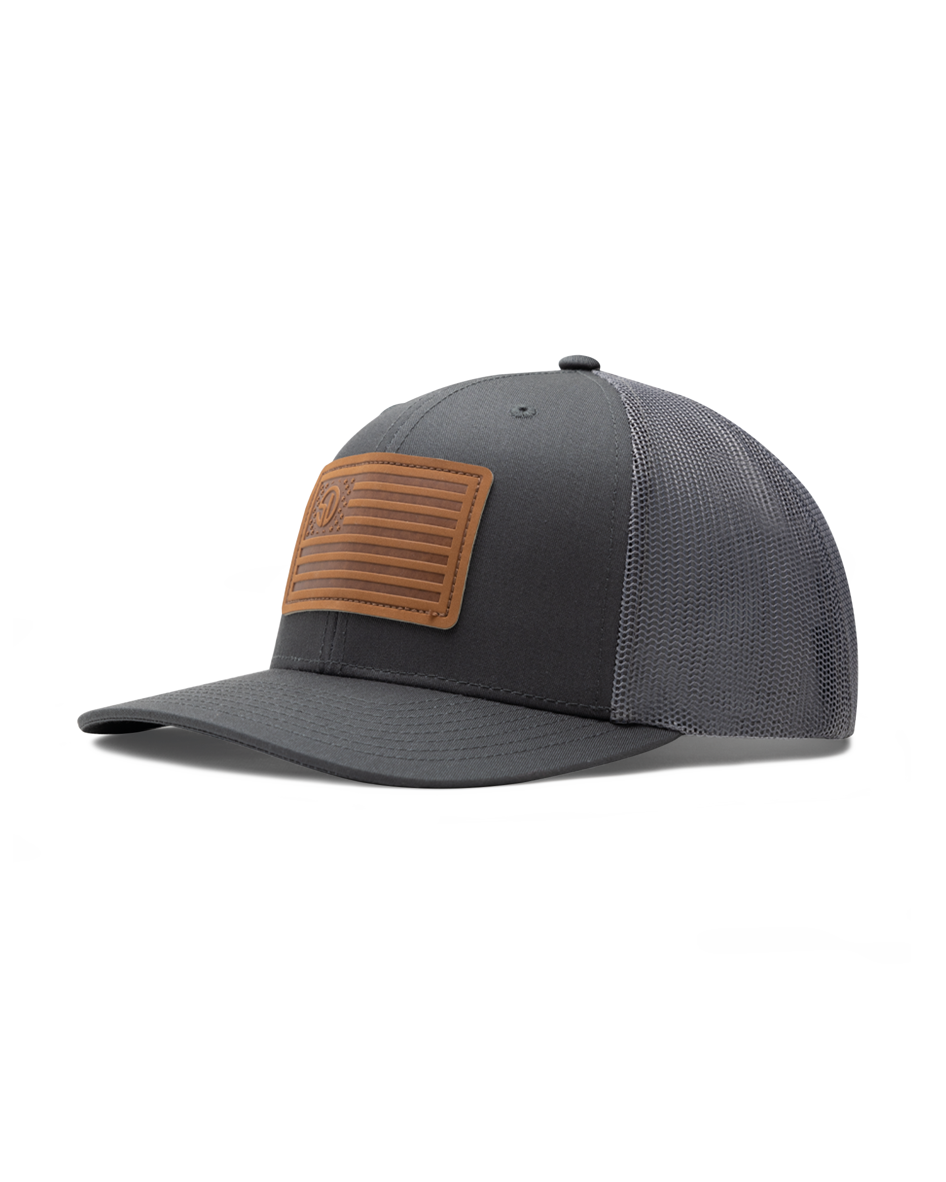 Straight Down SD Flag Hat in Charcoal, front angle view showing charcoal structured front panel with grey mesh sides and brown leather American flag patch with Straight Down logo