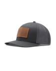 Straight Down SD Flag Hat in Charcoal, front angle view showing charcoal structured front panel with grey mesh sides and brown leather American flag patch with Straight Down logo