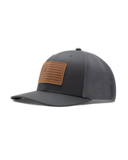 Straight Down SD Flag Hat in Charcoal, front angle view showing charcoal structured front panel with grey mesh sides and brown leather American flag patch with Straight Down logo