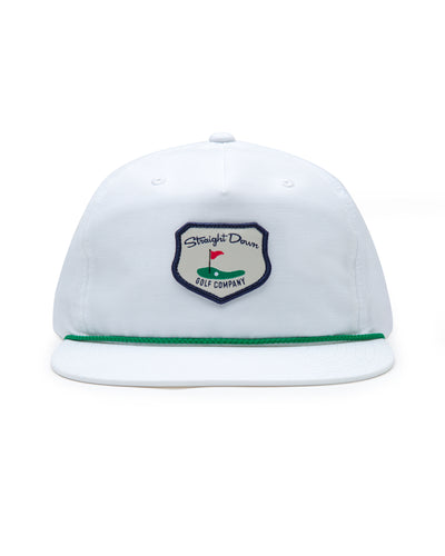 Hogan Retro Rope Hat in White, front view featuring a white snapback hat with a green rope brim detail and Straight Down Golf Company shield patch featuring a golf green with flag illustration