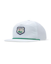 Hogan Retro Rope Hat in White, front-side view featuring a white snapback hat with a green rope brim detail and Straight Down Golf Company shield patch featuring a golf green with flag illustration