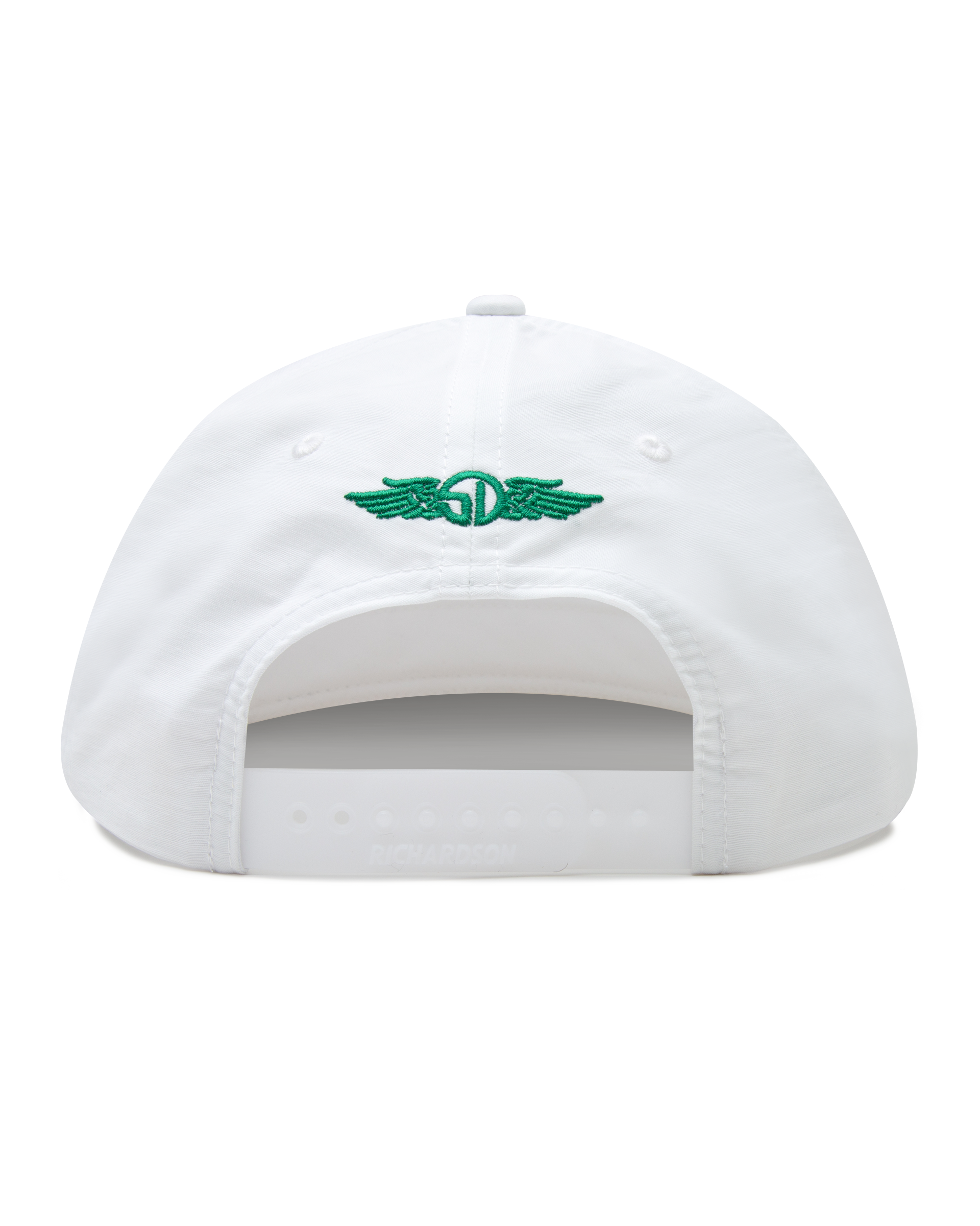 Hogan Retro Rope Hat in White, back view featuring a white snapback hat with a green embroidered Straight Down logo and snapback closure