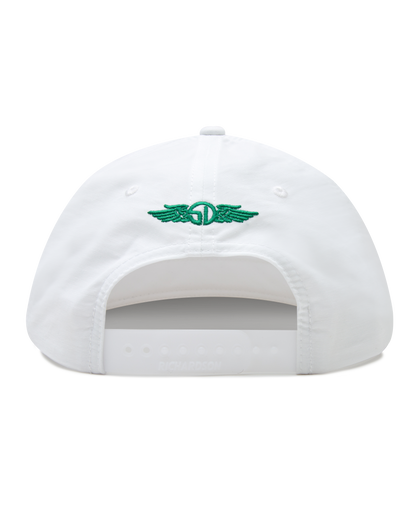 Hogan Retro Rope Hat in White, back view featuring a white snapback hat with a green embroidered Straight Down logo and snapback closure