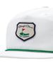 Hogan Retro Rope Hat in White, close-up front detail view highlighting the Straight Down Golf Company navy-bordered shield patch featuring a golf green with flag illustration, with green rope brim detail